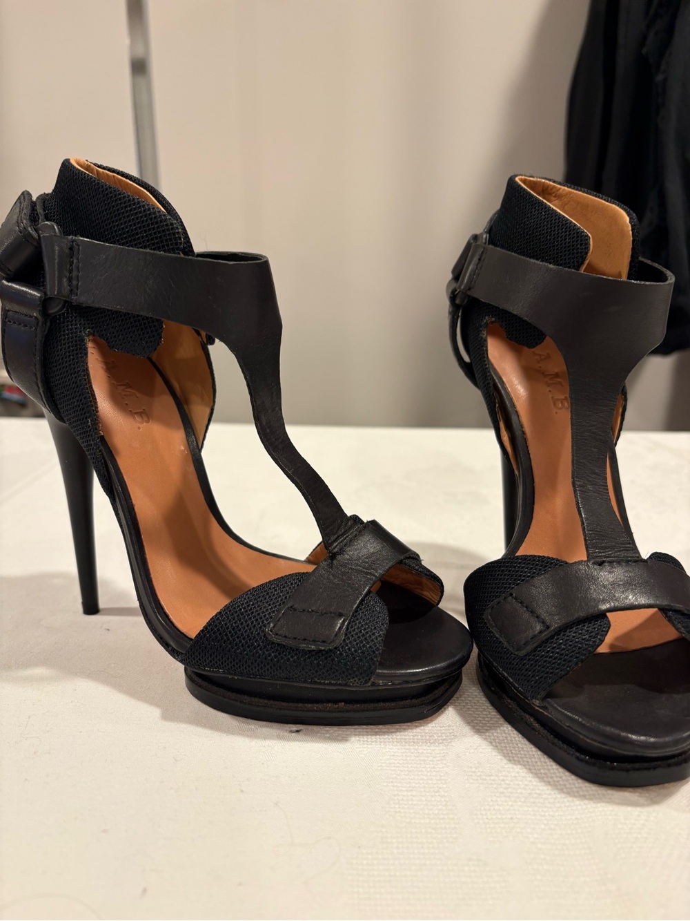 L.A.M.B. Black T-Strap Stiletto Sandals